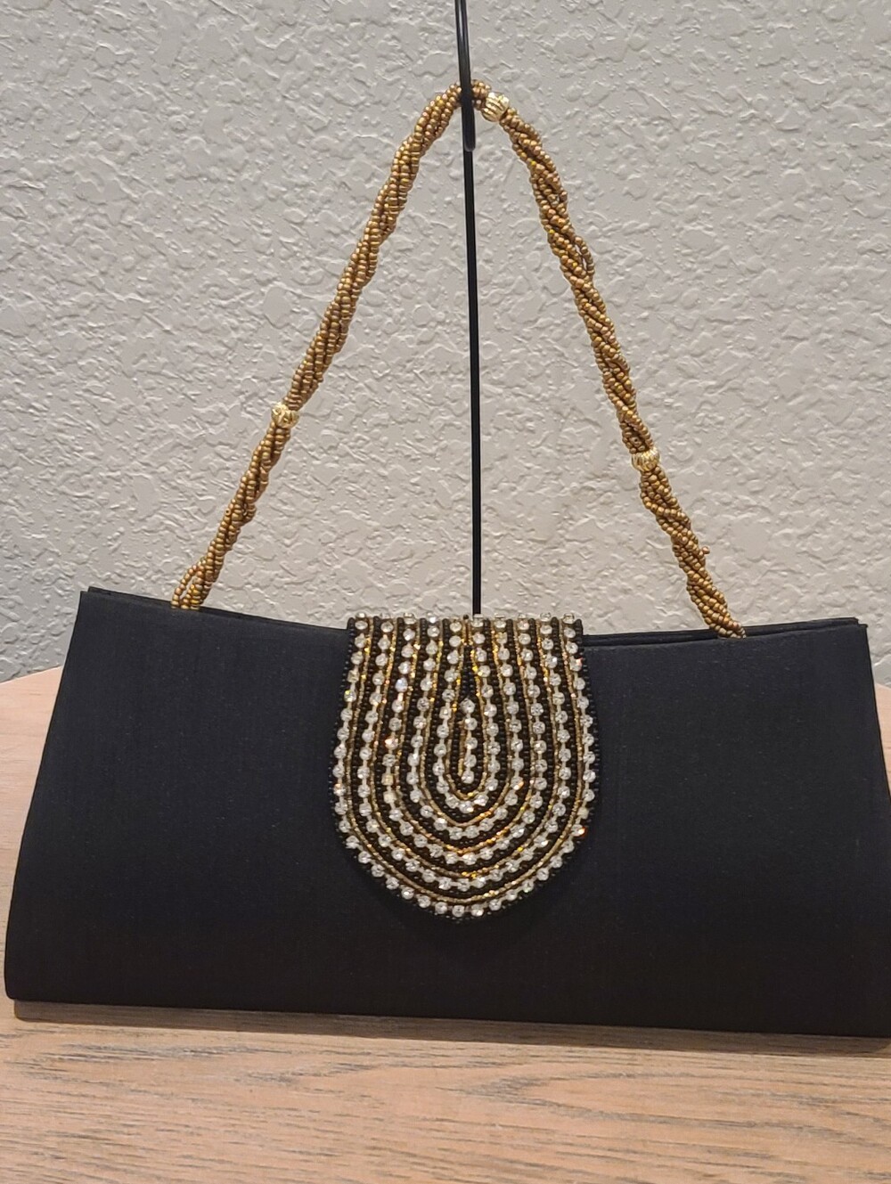 Black Satin Evening Bag Clutch Gold Beaded Twist Strap Rhinestone Clasp